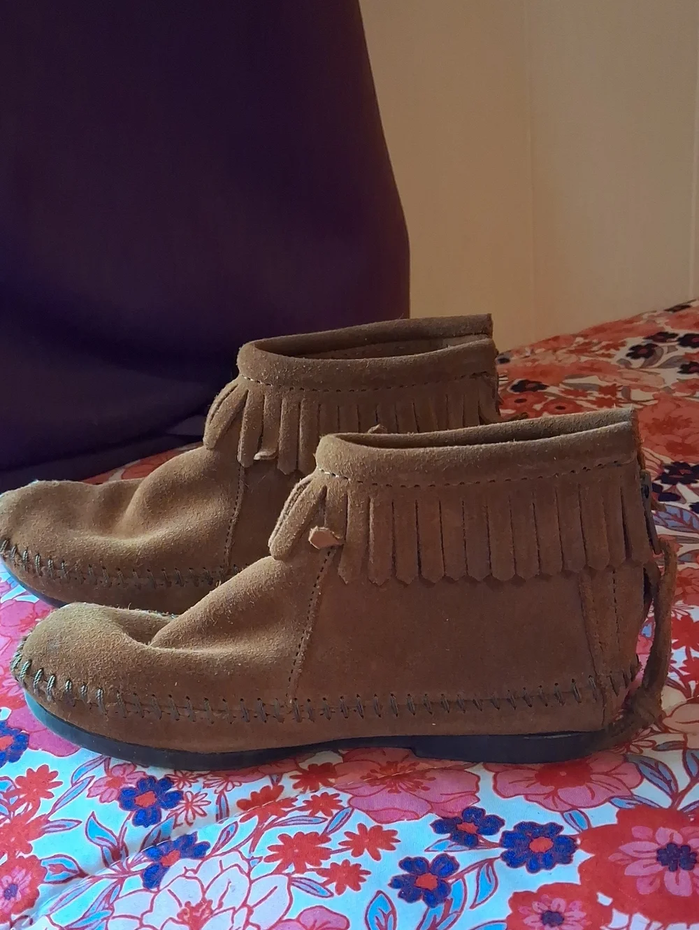 Kids Fringe Brown Suede Zip Back Ankle Moccasins Boots Booties Back To School